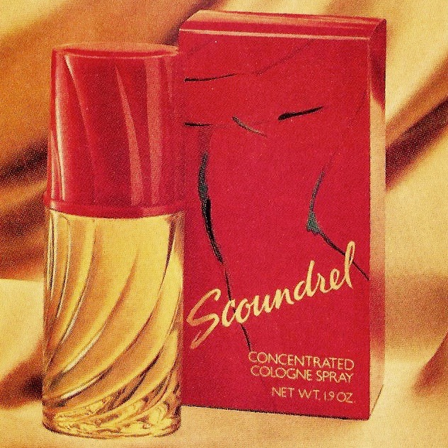 1980 promotional mage of Scoundrel Perfume by Revlon: original bottle and box.